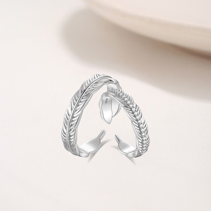 S925 Couple Ring Manufacturer - Feather Student Simple Hipster Opening Adjustable