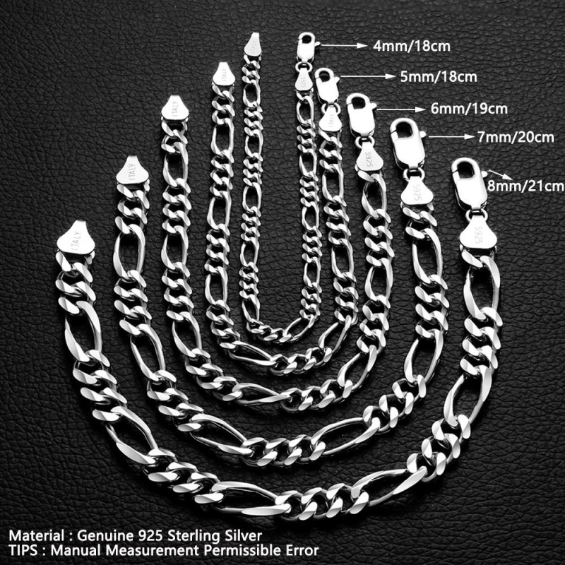 925 Sterling Silver Chain Bracelet Factory - 5/6/7/8mm Flat Three Link Figaro HipHop