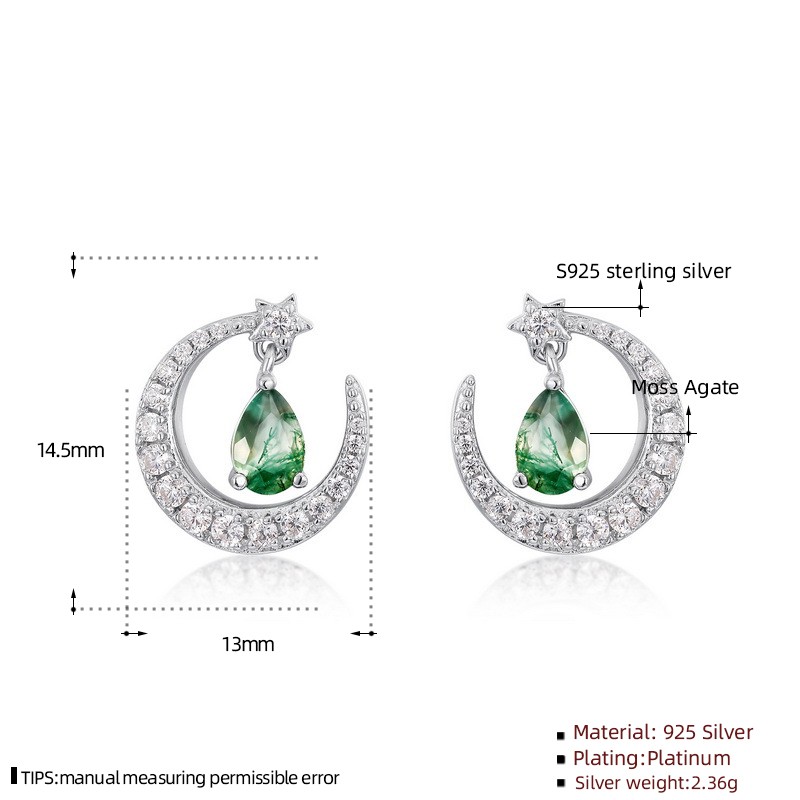 925 Sterling Silver Stud Earrings Supplier - Moon Design Moss Agate White Gold Plated