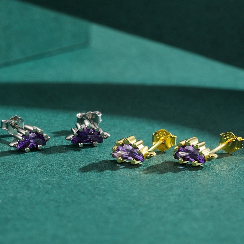 925 Sterling Silver Stud Earrings Manufacturer - Small Dinosaur Purple Cubic Zirconia