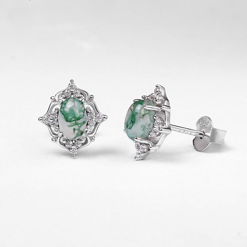 Natural Stone Earrings Factory - Oval Water Grass Agate Vintage Fashion Silver Color