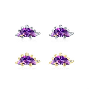 925 Sterling Silver Stud Earrings Manufacturer - Small Dinosaur Purple Cubic Zirconia