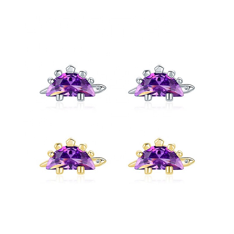 925 Sterling Silver Stud Earrings Manufacturer - Small Dinosaur Purple Cubic Zirconia