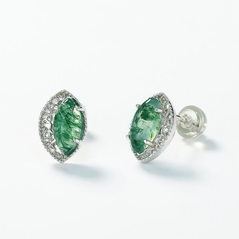 925 Sterling Silver Stud Earrings Supplier - Natural Moss Agate Teardrop Anniversary