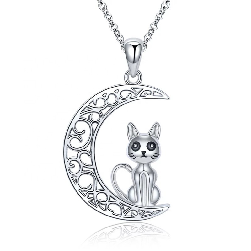 925 Sterling Silver Pendant Manufacturer - Hollow Craft Moon Chain Cat Animal Gift