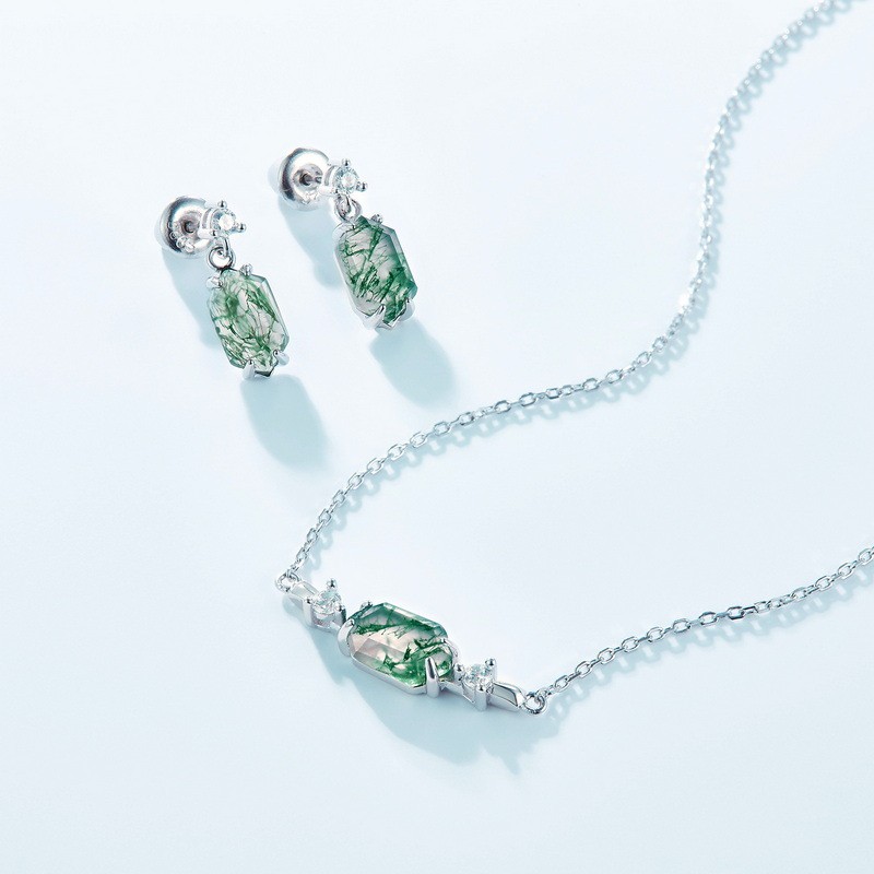 925 Sterling Silver Earrings Supplier - Round Zircon Geometric Rhombus Water Grass Agate