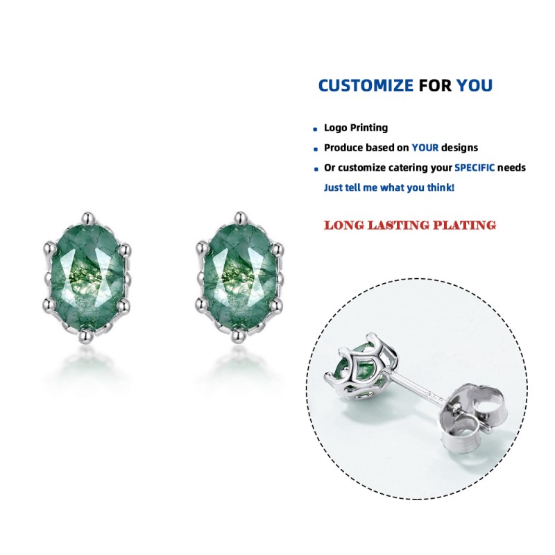 925 Sterling Silver Stud Earrings Supplier - Natural Moss Agate Teardrop Green Gems