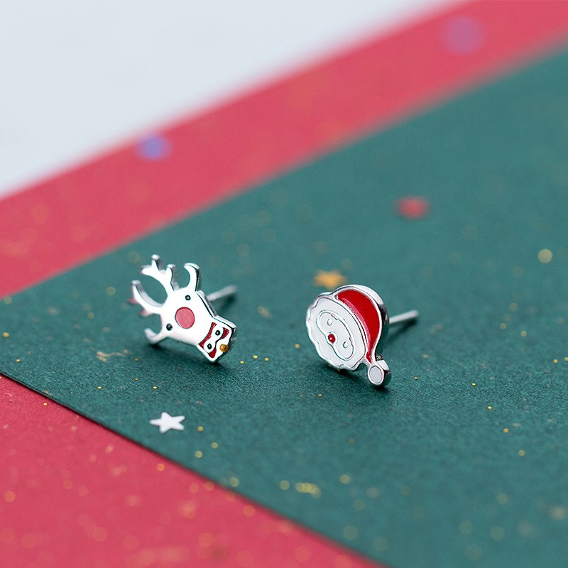 925 Sterling Silver Stud Earrings Factory - Asymmetric Deer Santa Claus Christmas Gift