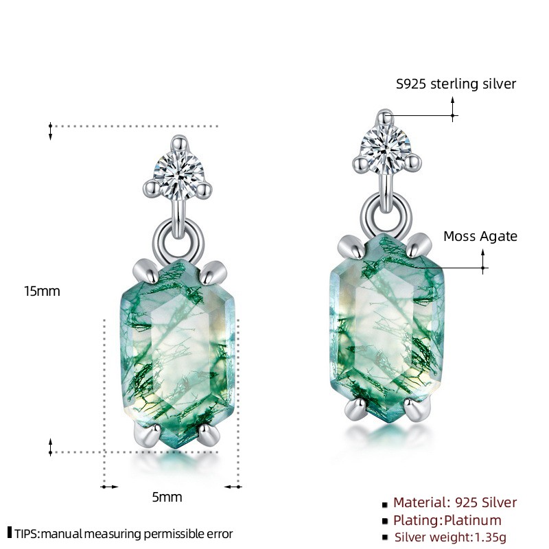 925 Sterling Silver Earrings Supplier - Round Zircon Geometric Rhombus Water Grass Agate