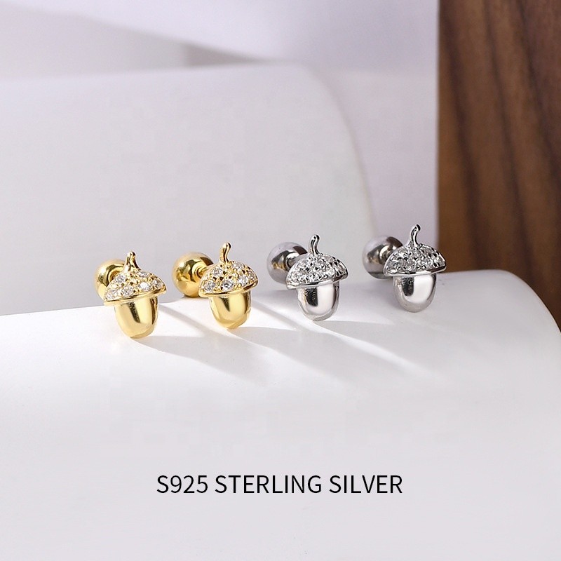 925 Sterling Silver Stud Earrings Factory - Mini Toddler Girls Cute Acorn Screw Back