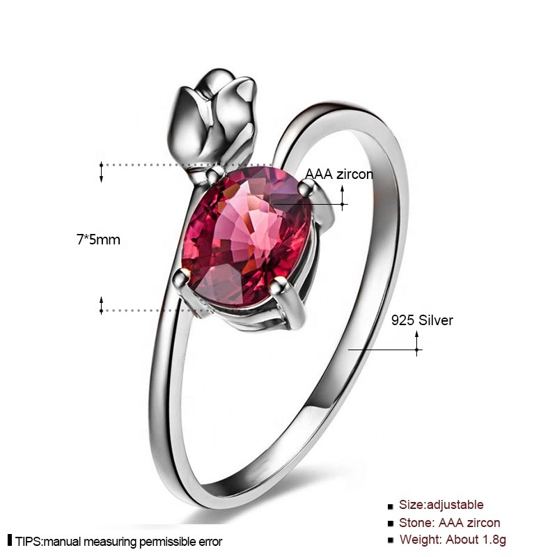 925 Sterling Silver Ring Factory - Romantic Dainty Ruby Flower Open Rosary