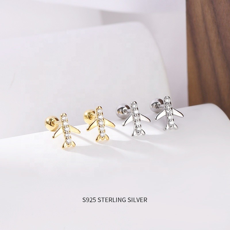 925 Sterling Silver Earrings Manufacturer - Airplane Cartilage Cubic Zirconia Cute