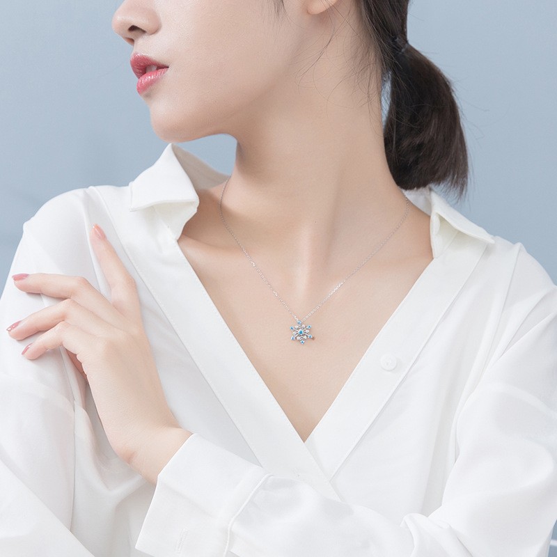 925 Sterling Silver Pendant Necklace Manufacturer - Blue Cubic Zircon Sapphire Snowflake