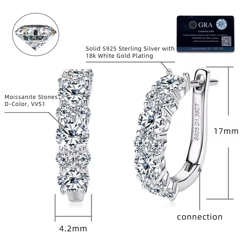 925 Sterling Silver Hoop Earrings Factory - 2.76ct Round Cut Moissanite Luxury Fine Jewelry