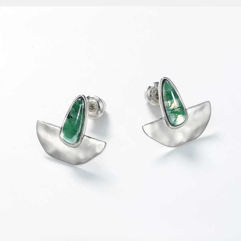 925 Sterling Silver Stud Earrings Manufacturer - Semicircle Geometric Water Grass Agate