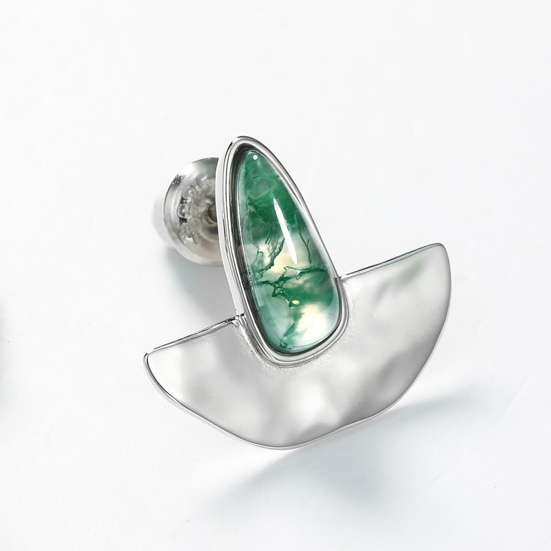 925 Sterling Silver Stud Earrings Manufacturer - Semicircle Geometric Water Grass Agate