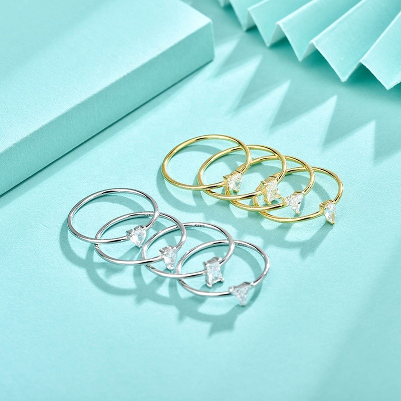 925 Sterling Silver Zirconia Rings Supplier - 4 Styles Wedding Heart Triangle Rectangle