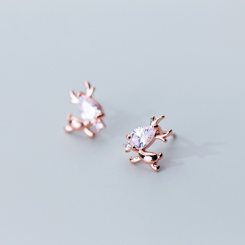 925 Sterling Silver Stud Earrings Factory - Cute Elk Animal Deer Austrian Crystal