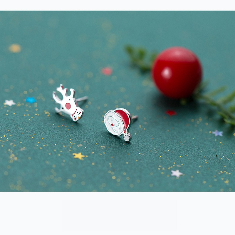 925 Sterling Silver Stud Earrings Factory - Asymmetric Deer Santa Claus Christmas Gift