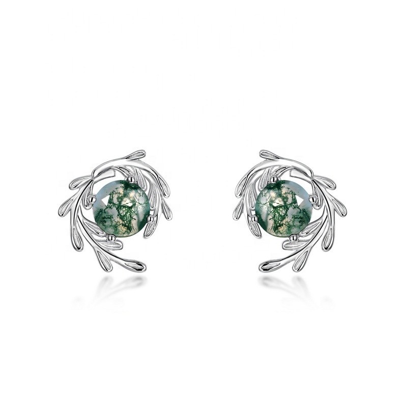 925 Sterling Silver Stud Earrings Manufacturer - Natural Moss Agate Leaf Green Gem