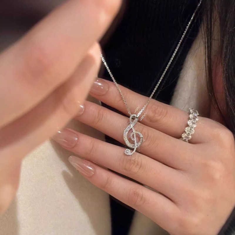 925 Sterling Silver Pendant Necklace Supplier - Zircon Music Note Sweet Elegant Chain