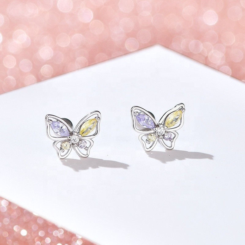 925 Sterling Silver Stud Earrings Factory - Tiny Butterfly Screw Back Gold Plated
