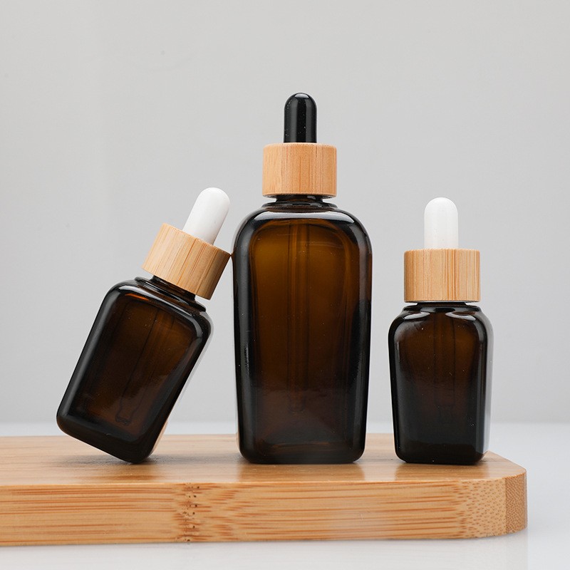 Glass Bottle Manufacturer - 30ml Amber Cosmetic Bamboo Dropper