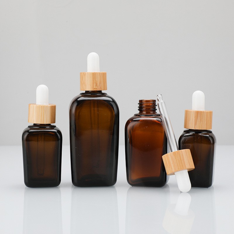 Glass Bottle Manufacturer - 30ml Amber Cosmetic Bamboo Dropper