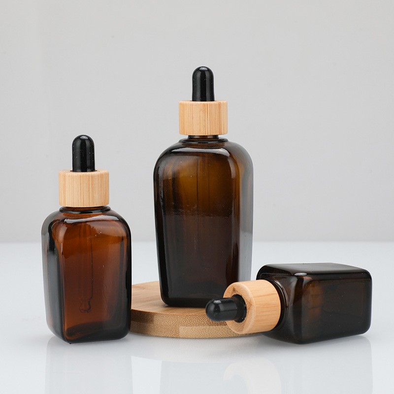 Glass Bottle Manufacturer - 30ml Amber Cosmetic Bamboo Dropper