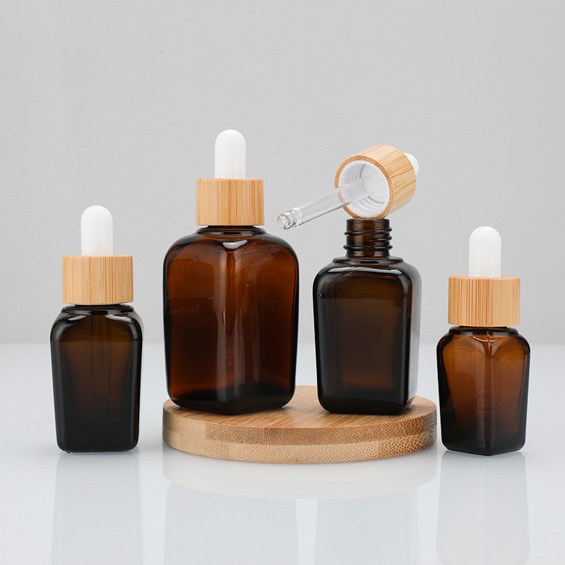 Glass Bottle Manufacturer - 30ml Amber Cosmetic Bamboo Dropper