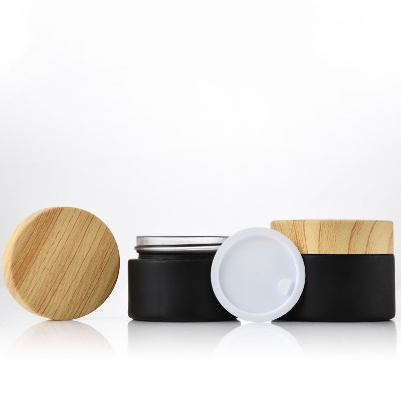 Cosmetic Jar Supplier - Black Frosted Glass Woodgrain Lid