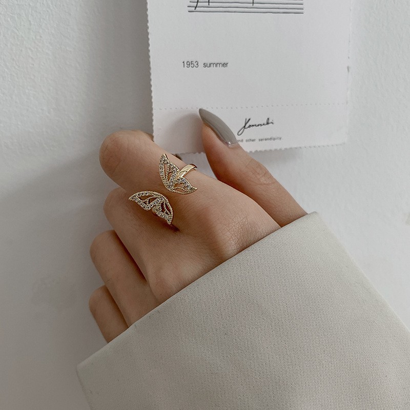 Butterfly Ring Supplier - Luxury Plated Double Zircon Crystal Copper Open Ring