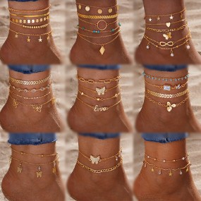 Anklets Set Supplier - Boho Beach Butterfly Multi Layered Adjustable Link Chain