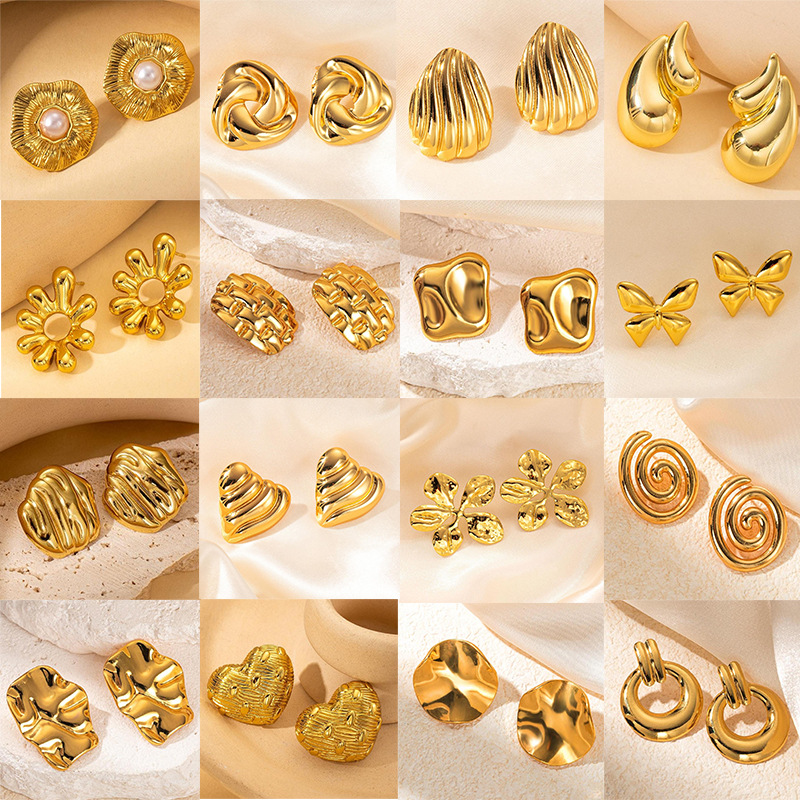 Stud Earrings Supplier - Fashion Metal Square Stainless Steel Gold Plated Lava Irregular