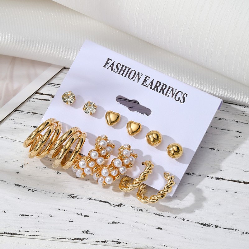 Earrings Set Factory - Pearl Twist Gold Plated Geometric Set for Women Fashion