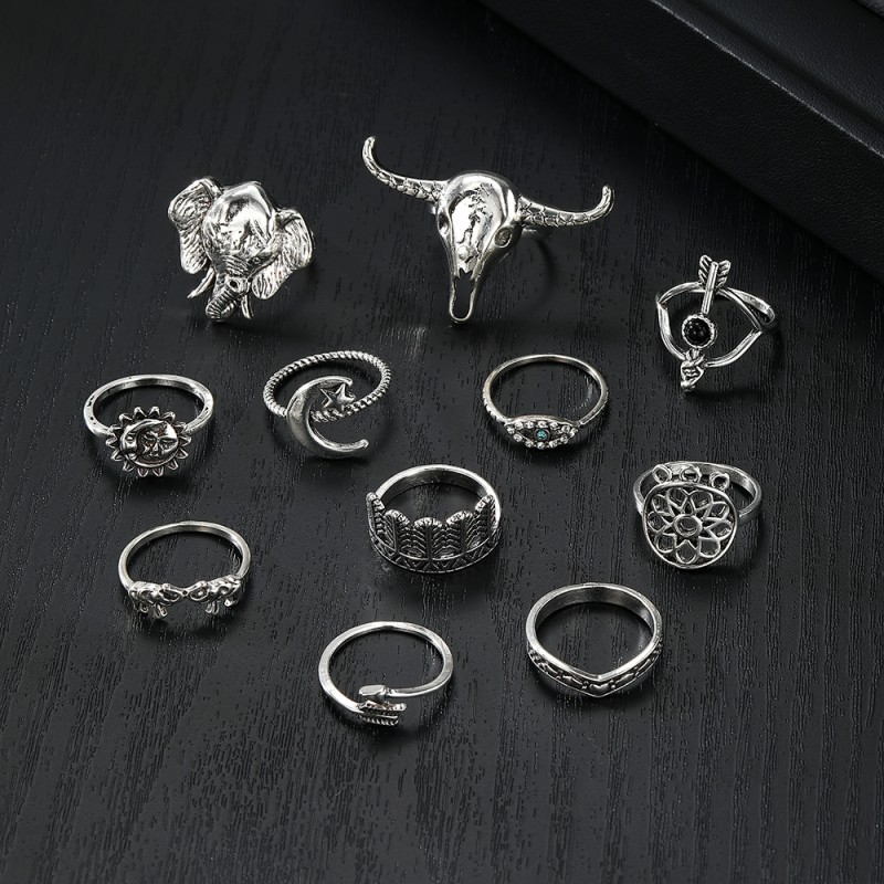 Ring Set Supplier - 11 Piece Bohemian Bullhead Elephant Head Eyes Geometric Opening