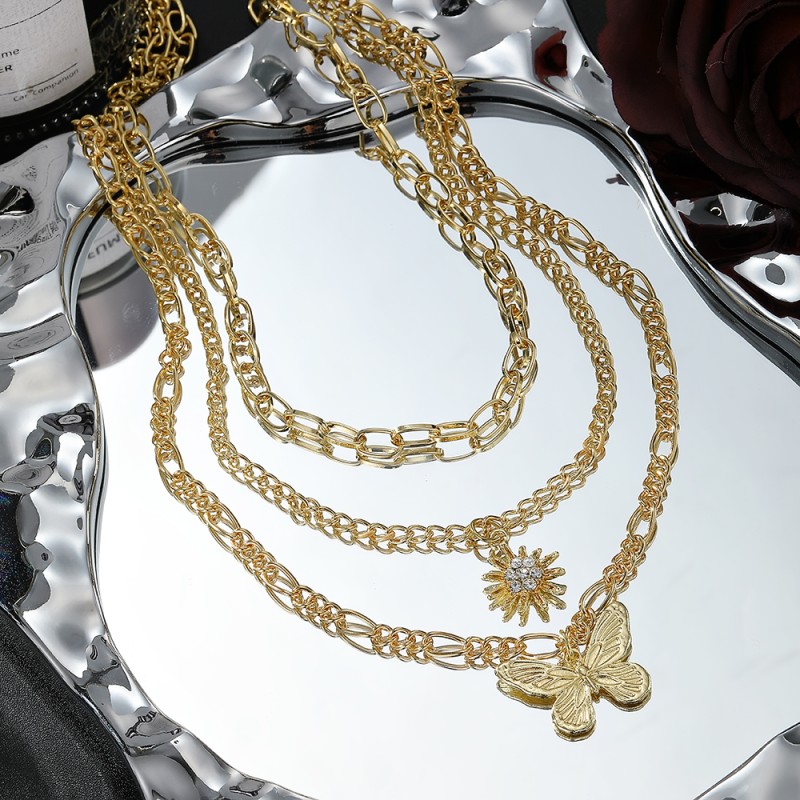 Necklace Manufacturer - 2025 Fashion Sunflower Butterfly Pendant 3 Layer for Women