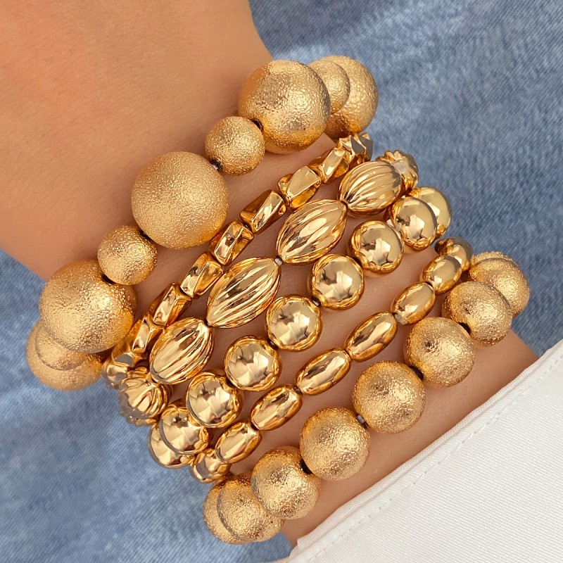 Bracelet Set Supplier - 6Pcs 2025 Exaggerated Golden Color Square Bead Geometric