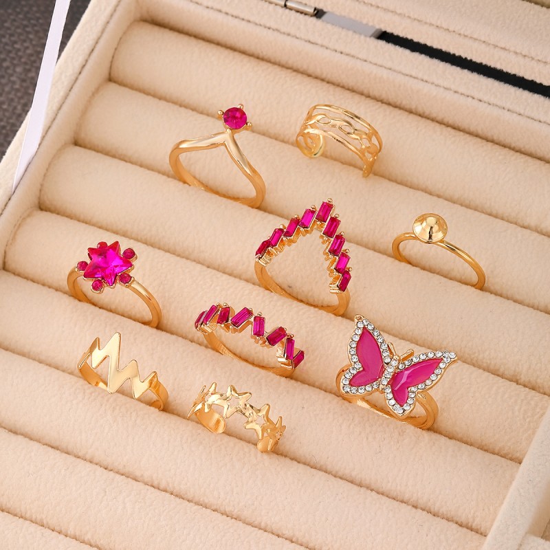 Ring Set Supplier - 9Pcs Butterfly Crown Heart Zircon Rose Red Diamond for Women