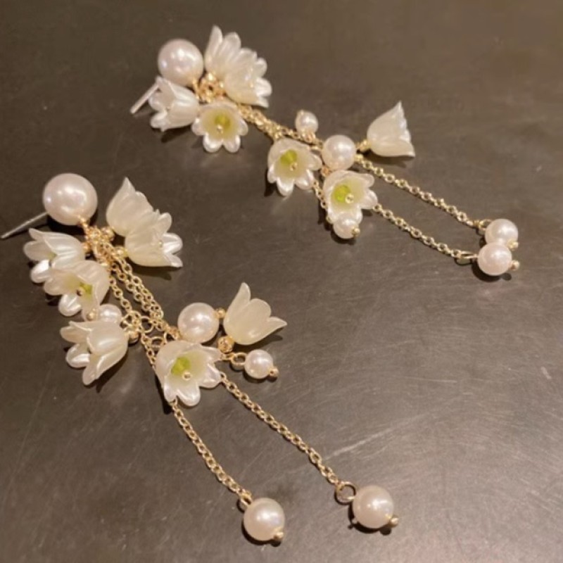 Pierced Earrings Supplier - White Flower Long Tassel Pretty Simulated Pearl Drop