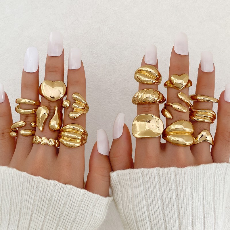 Ring Set Factory - 16 Pcs 2025 Exaggerated Irregular Heart Light Gold Geometric