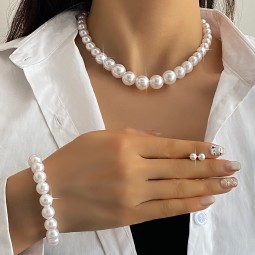 Jewelry Set Factory - New Bride Wedding White Pearl Bead Collar Three Piece Set