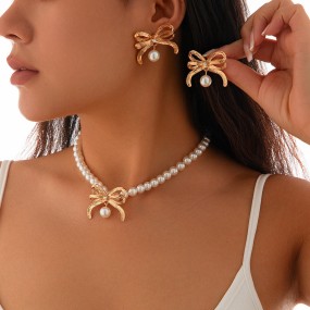 Jewelry Set Factory - Premium Bow Pearl Collar Earrings Fashion Party Gift