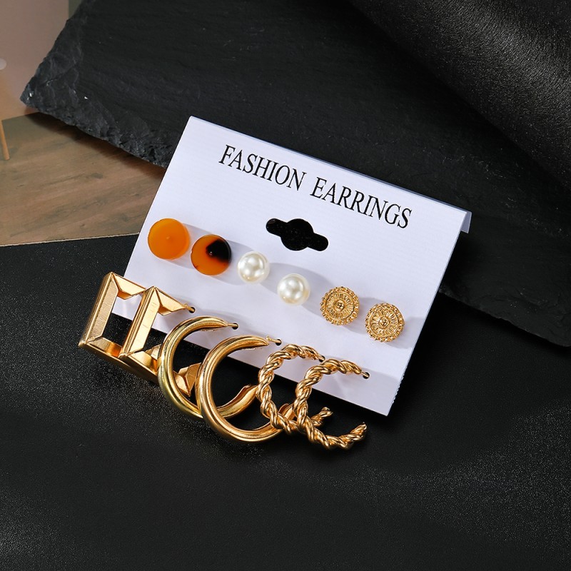 Earrings Set Factory - Pearl Twist Gold Plated Geometric Set for Women Fashion