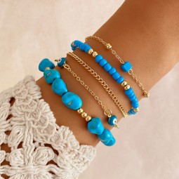 Bracelet Set Supplier - 4 Pcs Boho Blue Devil's Eye Beaded Elastic for Women