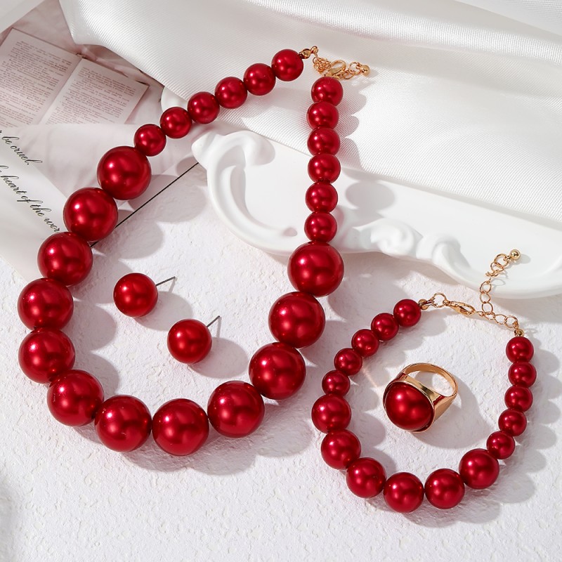 Jewelry Set Factory - 4PCS White Pink Red Pearl Necklace Earrings Bracelet Ring
