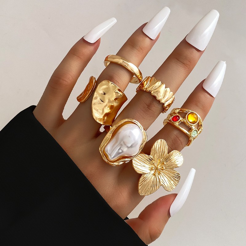 Ring Set Manufacturer - 6 Piece Fashion Irregular Geometric Flower Colorful Stone