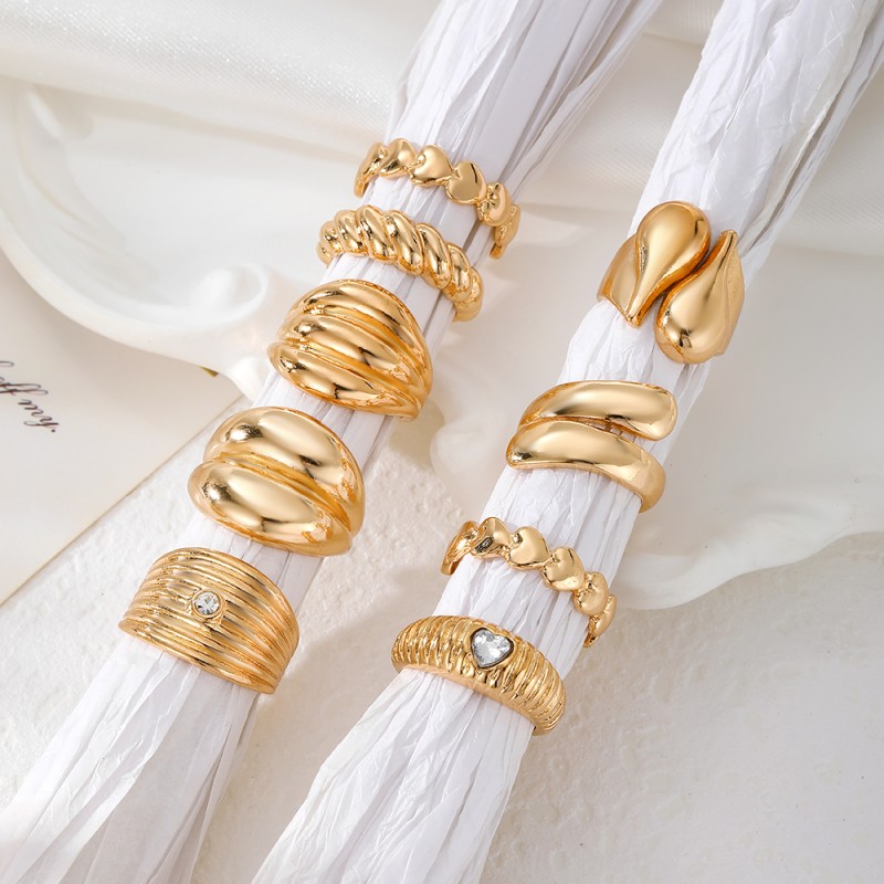 Ring Set Factory - 9 Piece Fashion Irregular Geometric Heart Zircon Open Adjustable