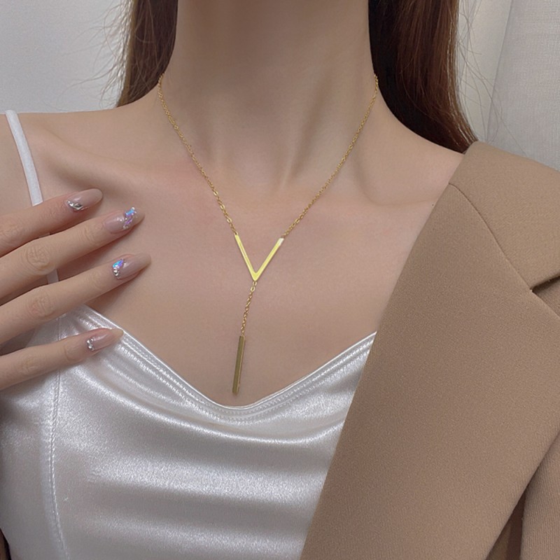 Pendant Necklace Supplier - Trendy V Pendant Gold Plated Stainless Steel Geometric