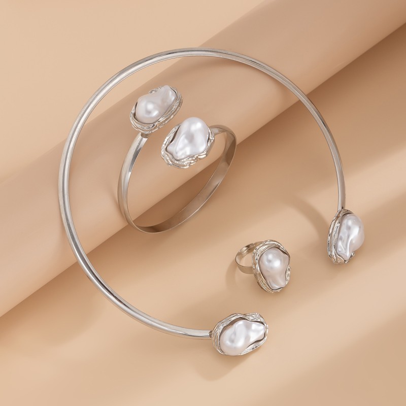 Jewelry Set Factory - Fashion Baroque Pearl Collar Metal Open Choker for Women Party